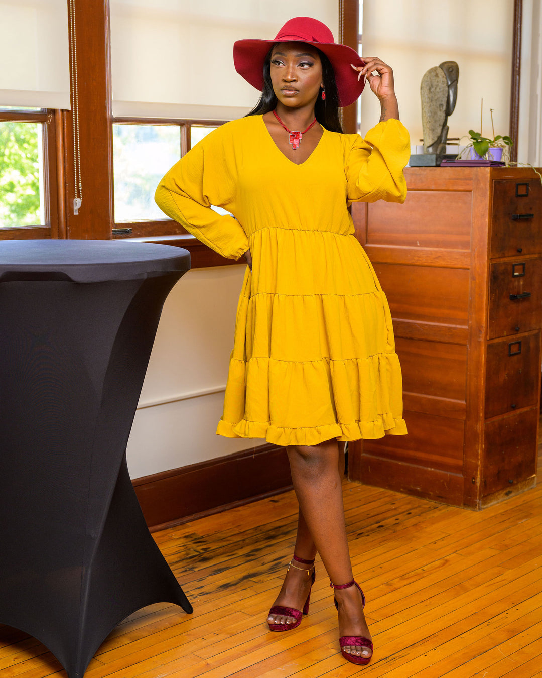puff sleeve tired dress with floppy stylish hat and coronet jewelry necklace set