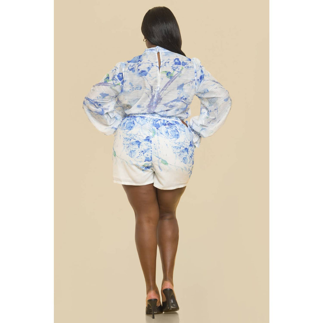 FLORAL TIED NECK BLOUSE W MATCHING SHORT SET Curvy