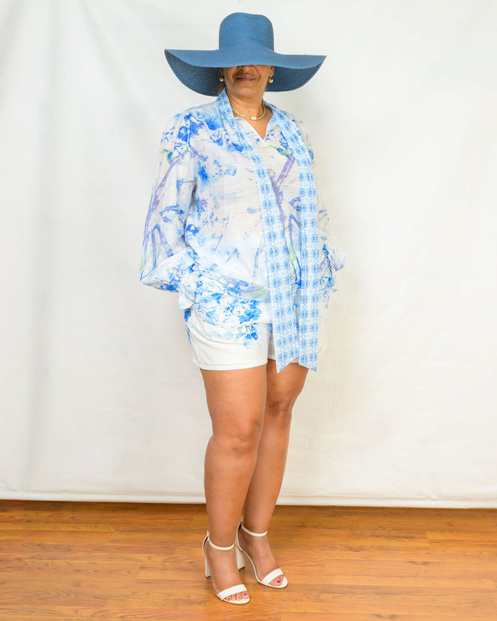 FLORAL TIED NECK BLOUSE W MATCHING SHORT SET Curvy