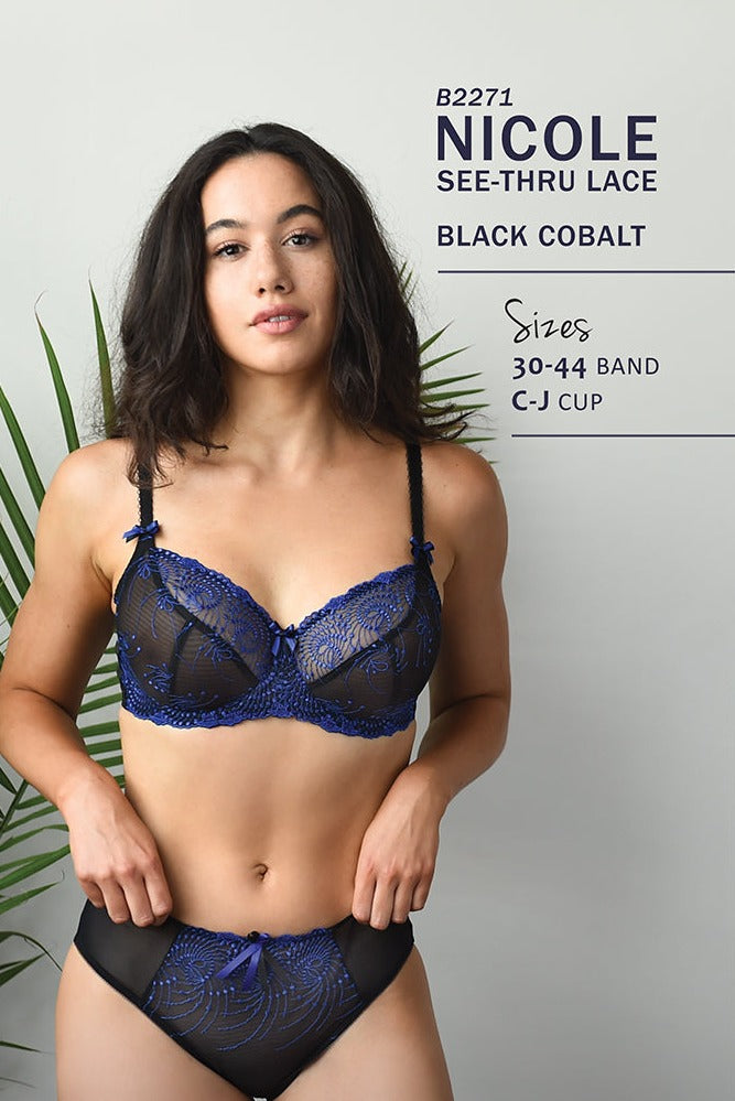 Nicole See-Thru Lace Bra Black/Cobalt Blue