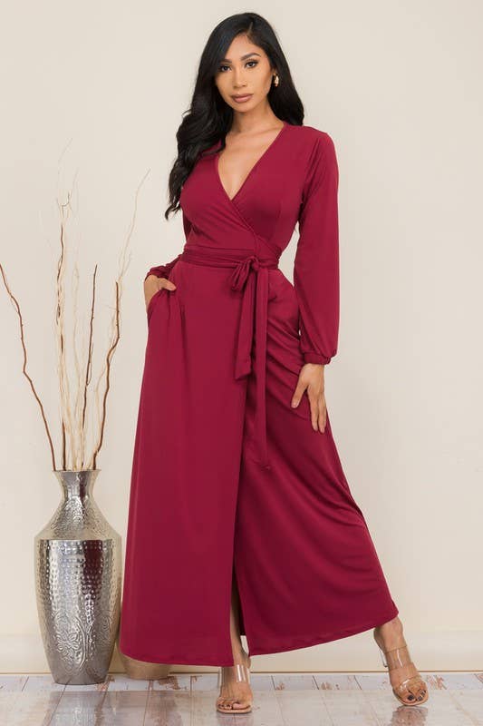 Wine Long Sleeve Maxi Dress